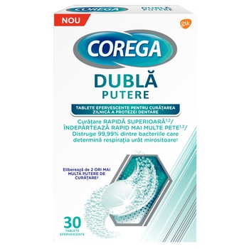 Tablete efervecente Corega Dubla Putere pentru curatarea protezei dentare, 30 buc Tablete efervecente Corega Dubla Putere pentru curatarea protezei dentare, 30 buc