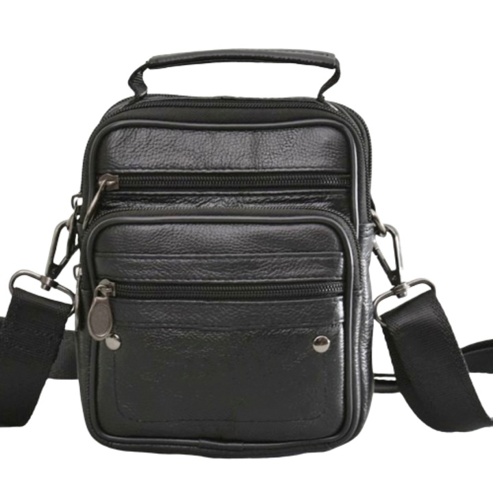 Férfi táska 5010, Valódi bőr, 14/17/6cm, Fekete