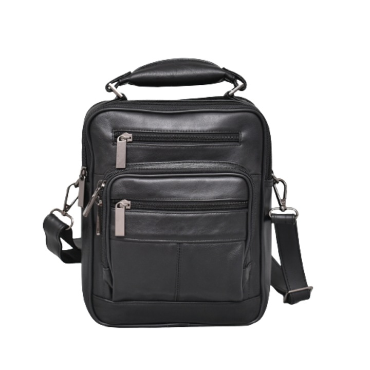 Férfi táska 1122, Valódi bőr, 19/23/8 cm, Fekete