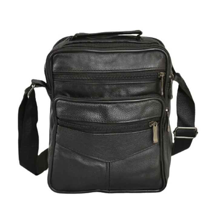 Férfi táska 0918, Valódi bőr, 19/24/6cm, Fekete