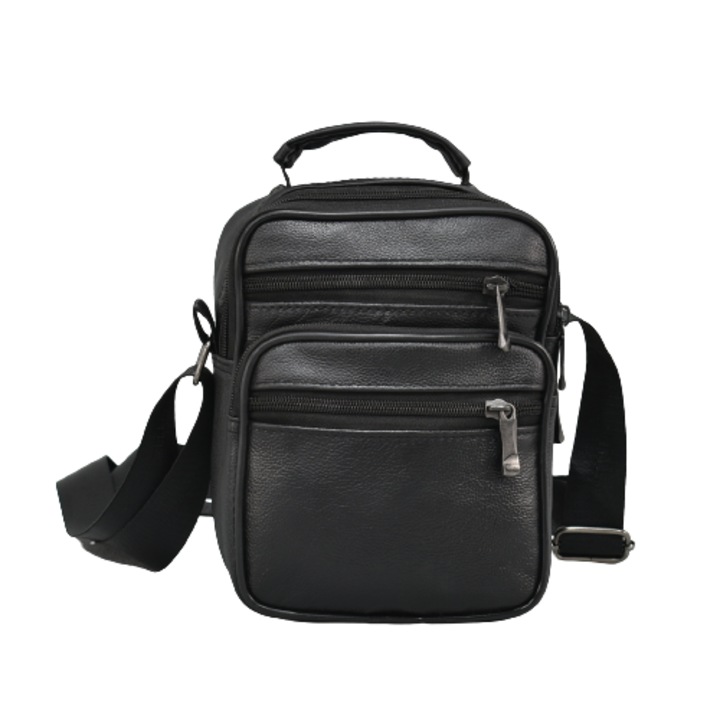 Férfi táska 0418, Valódi bőr, 14/19/8cm, Fekete