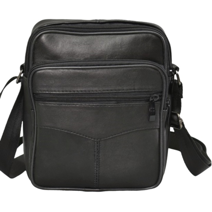 Férfi táska 219, Valódi bőr, 17/20/5cm, Fekete