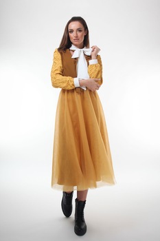 Fusta midi din tulle, galben mustar, Onibon Fusta midi din tulle, galben mustar, Onibon