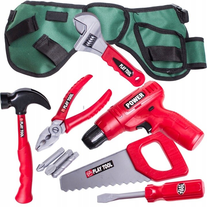 Centura cu Unelte, Micii Mesteri, Complet Echipata cu Bormasina Functionala, Surubelnita, Patent, Cheie Franceza, Ferastrau, Rosu/Negru