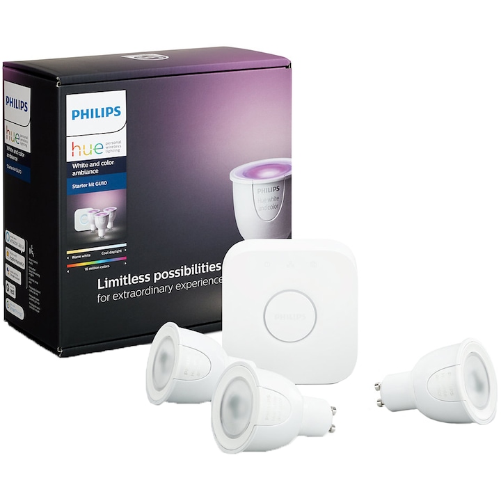 Philips Hue RGBW LED intelligens izzó, 3 db-os csomag, bluetooth / ZigBee, GU10, 6,5 W, 250 lm, fehér / színes fény + Bridge (központi tápegység)