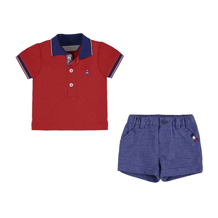 Set Mayoral cu tricou polo si pantaloni scurti in contrast bebe nou-nascut, Rosu/Albastru
