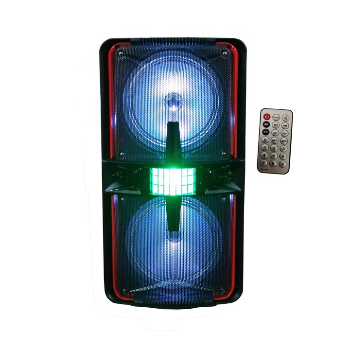 Boxa portabila activa cu doua difuzoare de 8 Inch , telecomanda , Bluetooth , cititor USB , card MicroSD , Radio FM , rosu