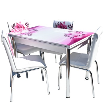 Set Masa Sticla Nr56 cu 4 scaune tapitate, EXTENSIBILA, Alb cu model floral Set Masa Sticla Nr56 cu 4 scaune tapitate, EXTENSIBILA, Alb cu model floral