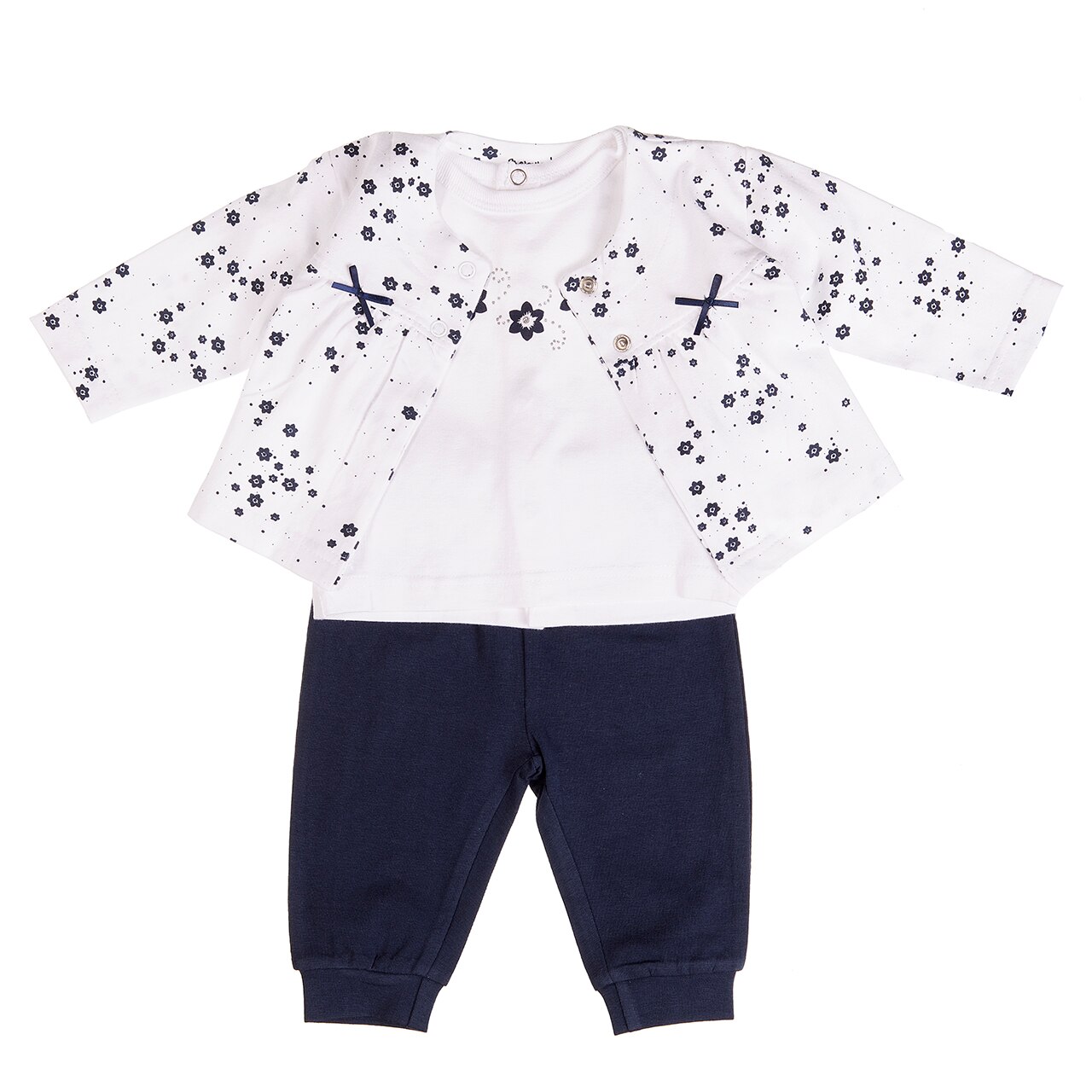 Set 3 piese fetite, cardigan, tricou si pantaloni, Babybol, imprimeu flori navy