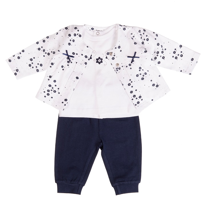 Set 3 piese fetite, cardigan, tricou si pantaloni, Babybol, imprimeu flori navy