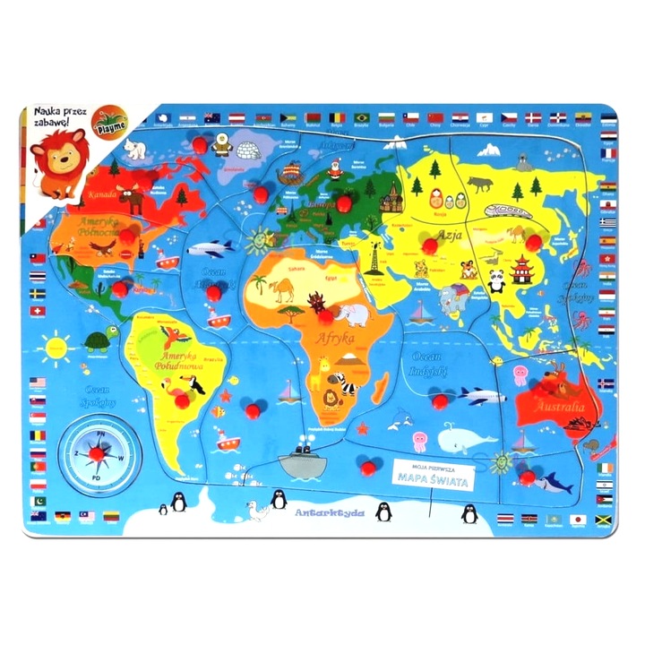 IdealStore Map World Mine Fából készült oktató jellegű puzzle, 40 x 30 x 1.5 cm, Fejleszti a gondolkodást a szórakozáson és az oktatáson keresztül, Kifejező színek, 16 Elem