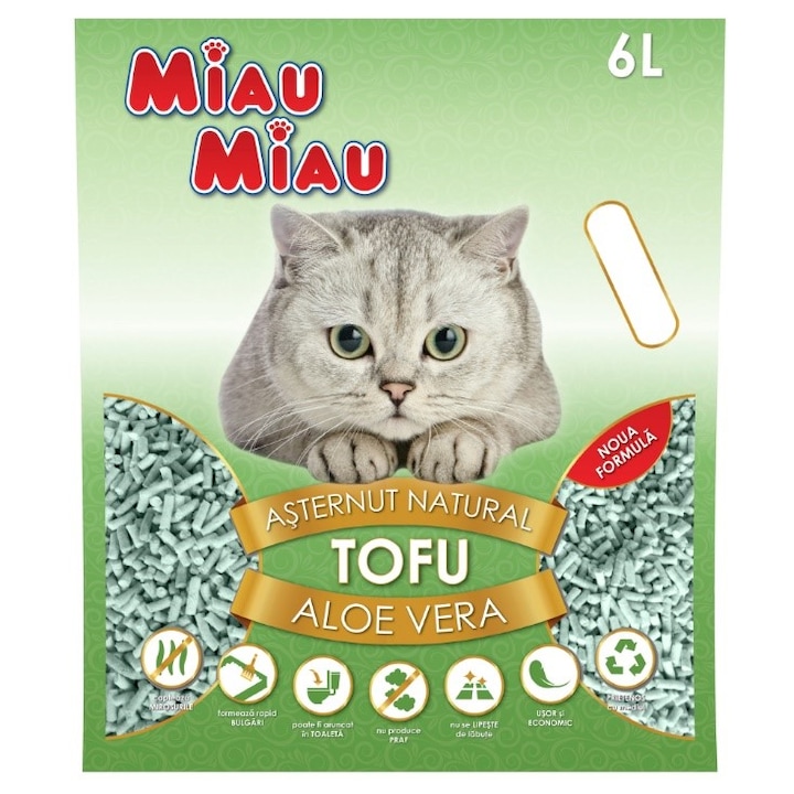Asternut igienic pentru pisici Miau Miau, Tofu Aloe Vera, 6L