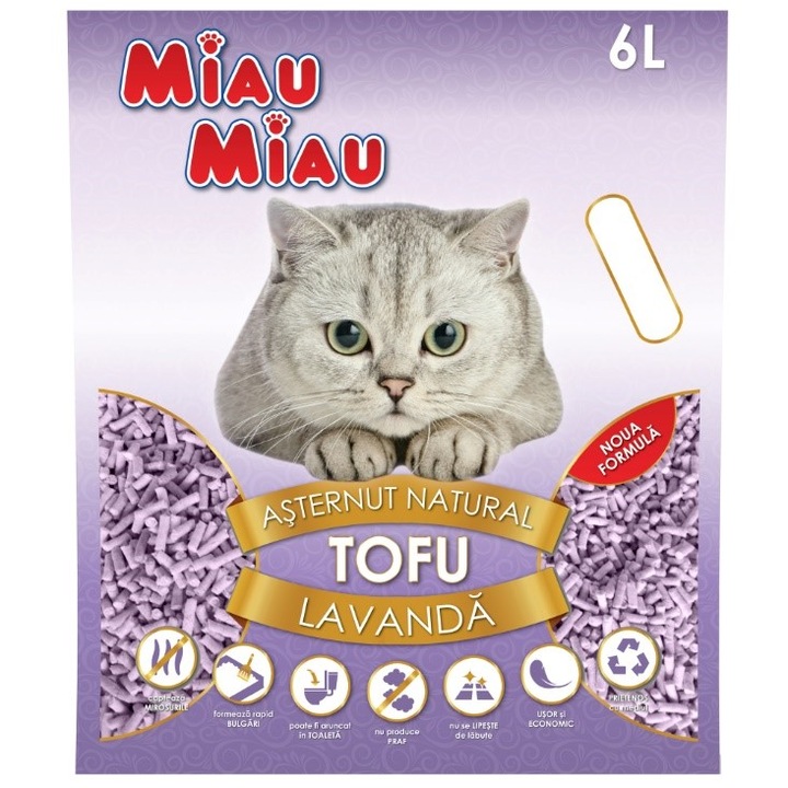 Asternut igienic pentru pisici Miau Miau, Tofu Lavanda, 6L