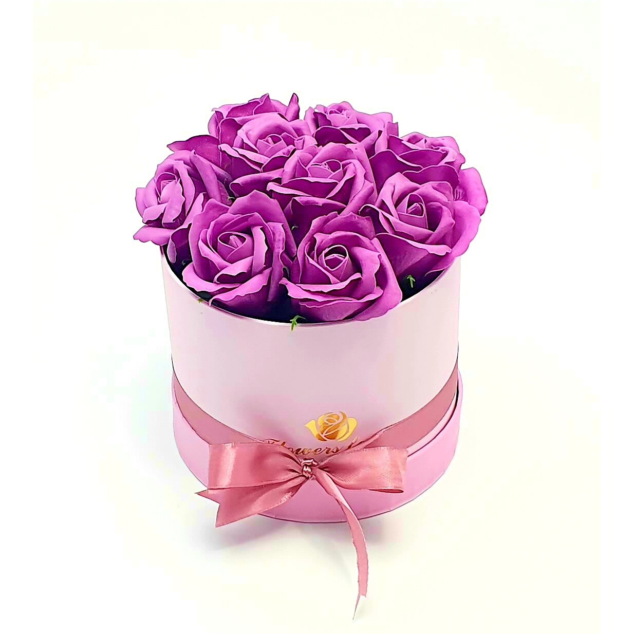 Aranjament floral 9 Trandafiri mov parfumati, din spuma de sapun, in cutie roz