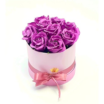 Aranjament floral 9 Trandafiri mov parfumati, din spuma de sapun, in cutie roz Aranjament floral 9 Trandafiri mov parfumati, din spuma de sapun, in cutie roz