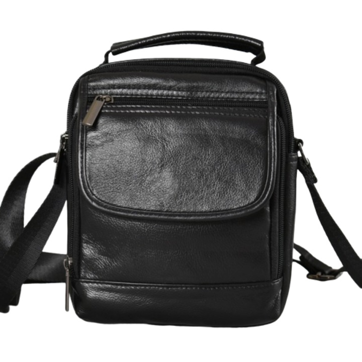 Férfi táska 7501, Valódi bőr, 15/19/6cm, Fekete