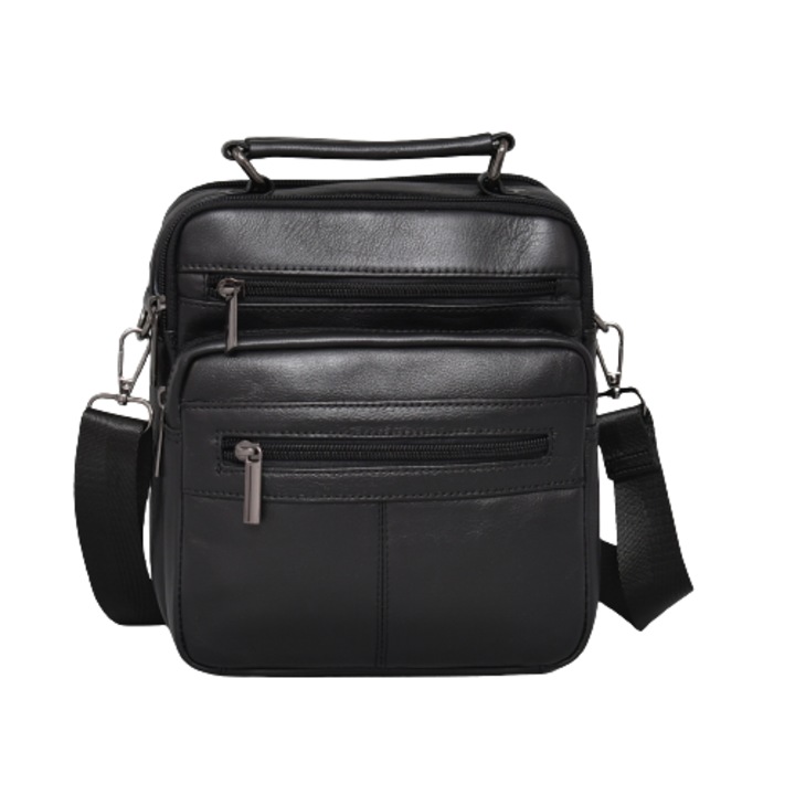 Férfi táska 7503, Valódi bőr, 19/21/7 cm, Fekete
