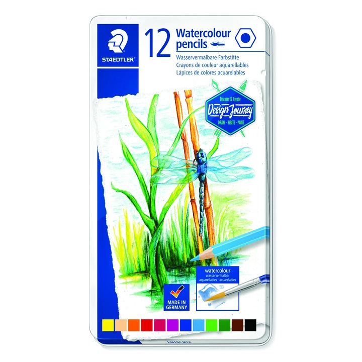 Акварелни моливи Staedtler Design Journey, 12 Цвята, Метална кутия