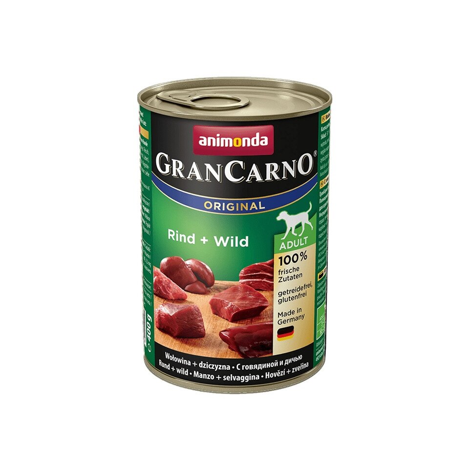 Hrana umeda pentru caini, Grancarno Adult Dog, vita si vanat, set 6 x 400 gr
