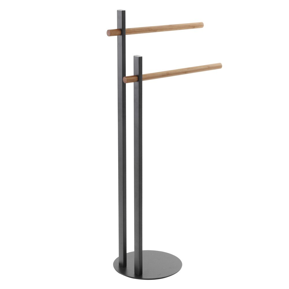 Suport prosoape, negru, din otel cromat si cu 2 brate din bambus, h 80.5cm