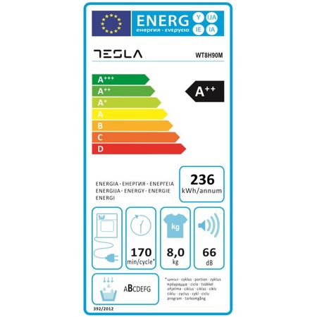 Uscator de rufe Tesla WT8H90M, Pompa de caldura, 8kg, 16 programe, Clasa A++, Alb