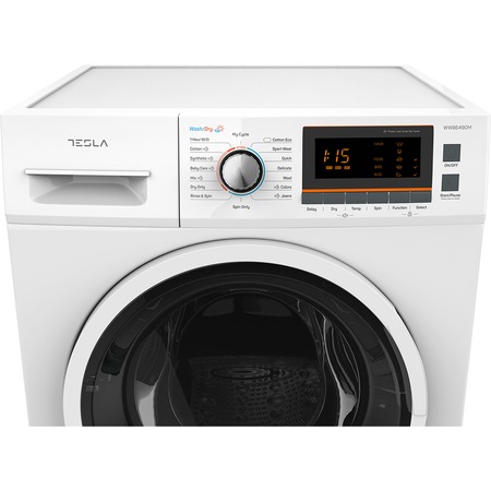 Masina de spalat rufe cu uscator Slim Tesla WW86490M, Spalare 8 kg, Uscare 6 kg, 1400 rpm, 16 programe, Sistem siguranță copii, Display LED, Alb