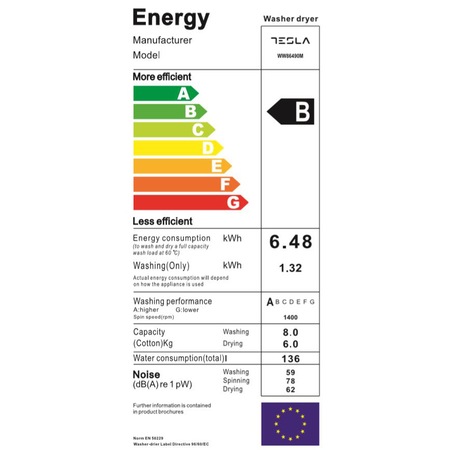 Masina de spalat rufe cu uscator Slim Tesla WW86490M, Spalare 8 kg, Uscare 6 kg, 1400 rpm, 16 programe, Sistem siguranță copii, Display LED, Alb