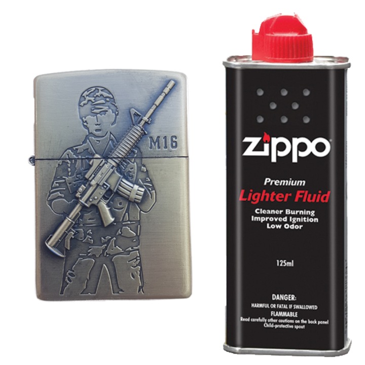 Запалка Zippo, 3D релеф, металик, пушка M16 войник и zippo течност 125 ml