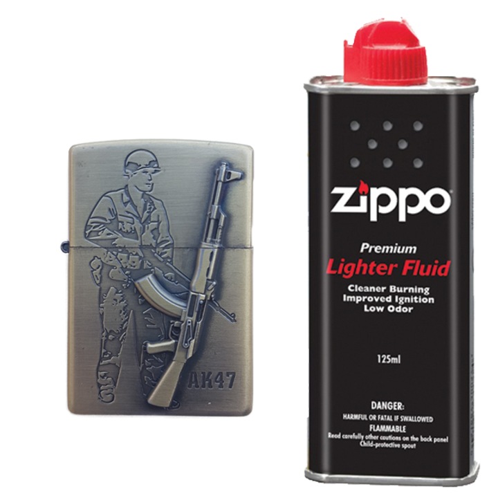 Запалка тип zippo, 3D релеф, Металик, Пушка AK47 и войник, Zippo течност 125 мл