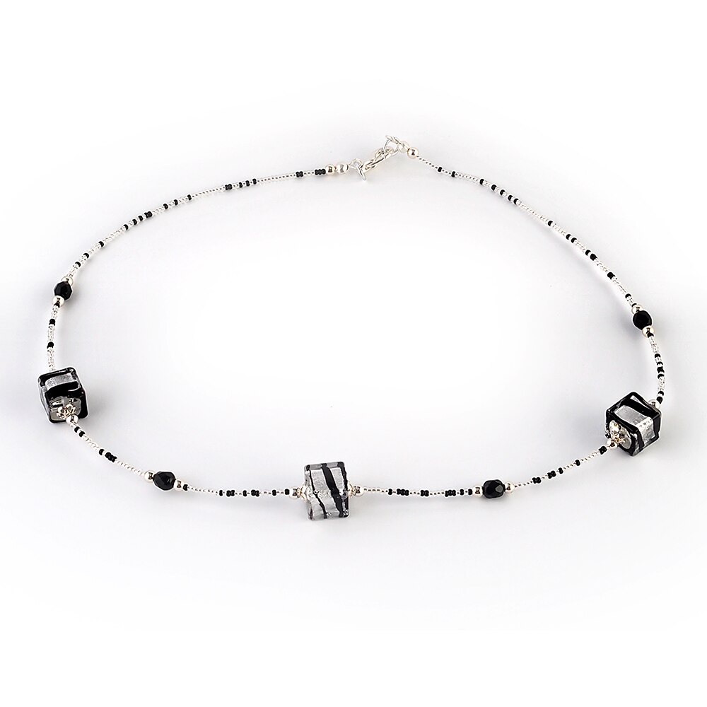 Colier CUBICO 3 argintiu cu negru din sticla de Murano, 45 cm, Bijuterii Original Murano
