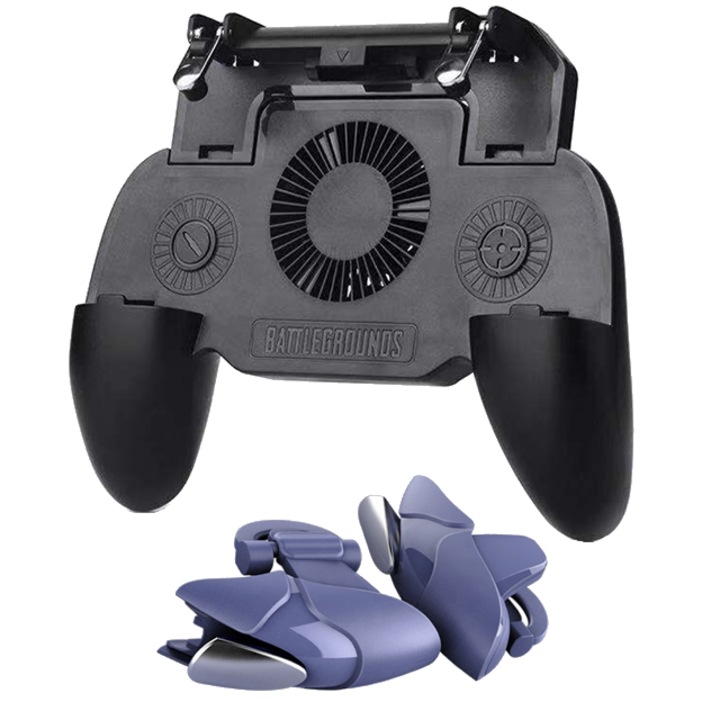 Контролер за телефон PLAYSMARTSHOP SR, 2 тригера Blue Shark, За игри PUBG/Fortnite/Call of duty, Механични тригери, Батерия, Охладител, 2000 mah