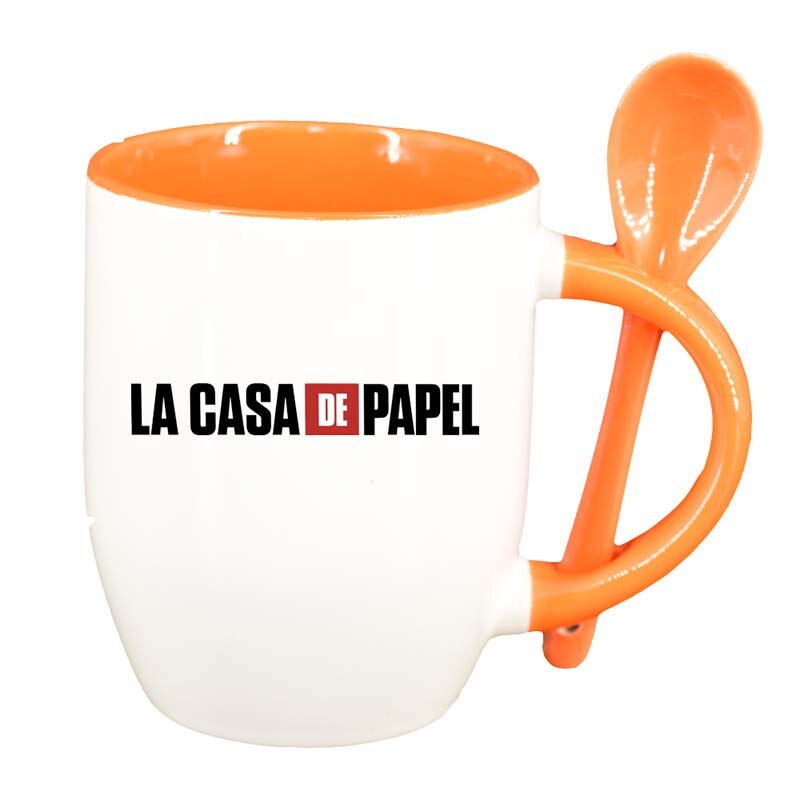 Cana La Casa De Papel cu lingurita, interior portocaliu, 330ml, D1305