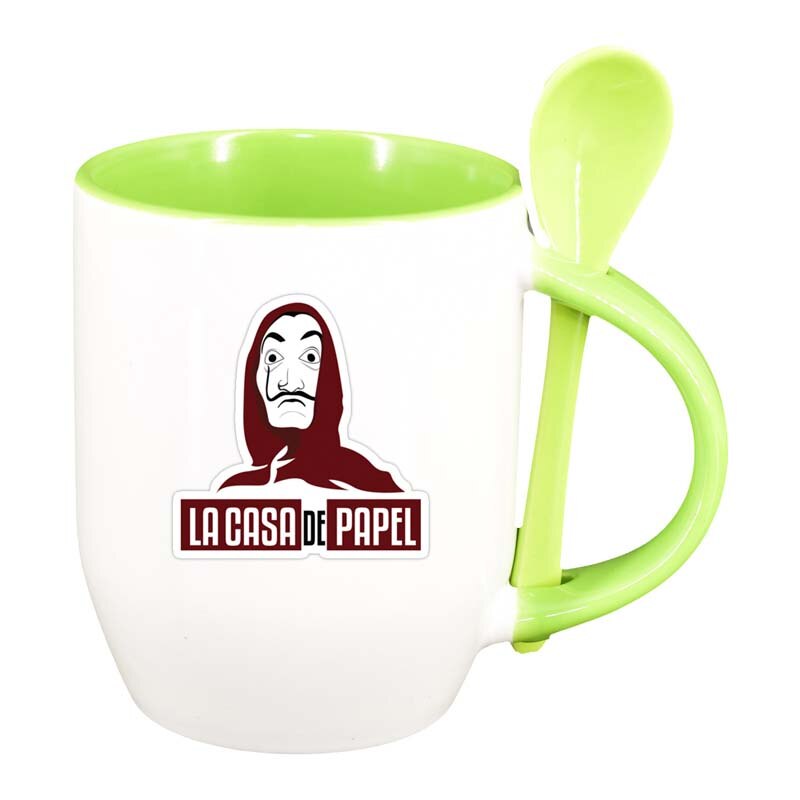 Cana La Casa De Papel cu lingurita, interior verde deschis, 330ml, D1304