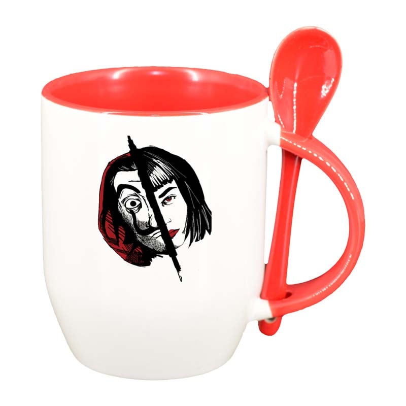 Cana La Casa De Papel cu lingurita, interior rosu, 330ml, D1303