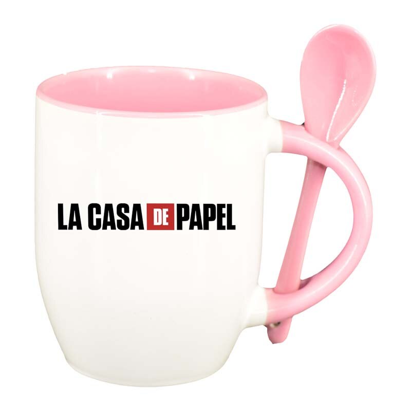 Cana La Casa De Papel cu lingurita, interior roz, 330ml, D1305