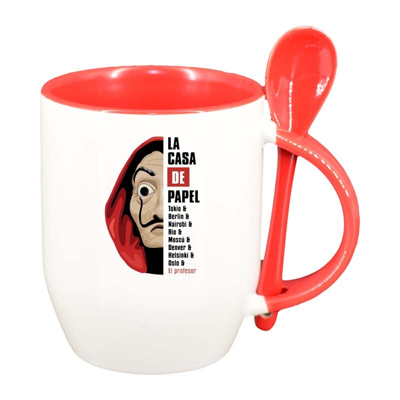 Cana La Casa De Papel cu lingurita, interior rosu, 330ml, D1306