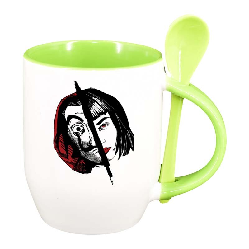 Cana La Casa De Papel cu lingurita, interior verde deschis, 330ml, D1303
