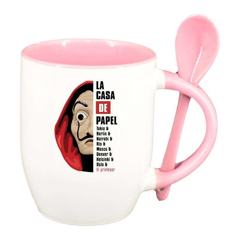 Cana La Casa De Papel cu lingurita, interior roz, 330ml, D1306
