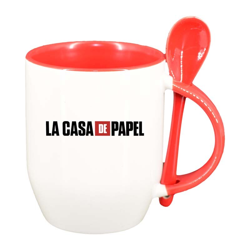 Cana La Casa De Papel cu lingurita, interior rosu, 330ml, D1305