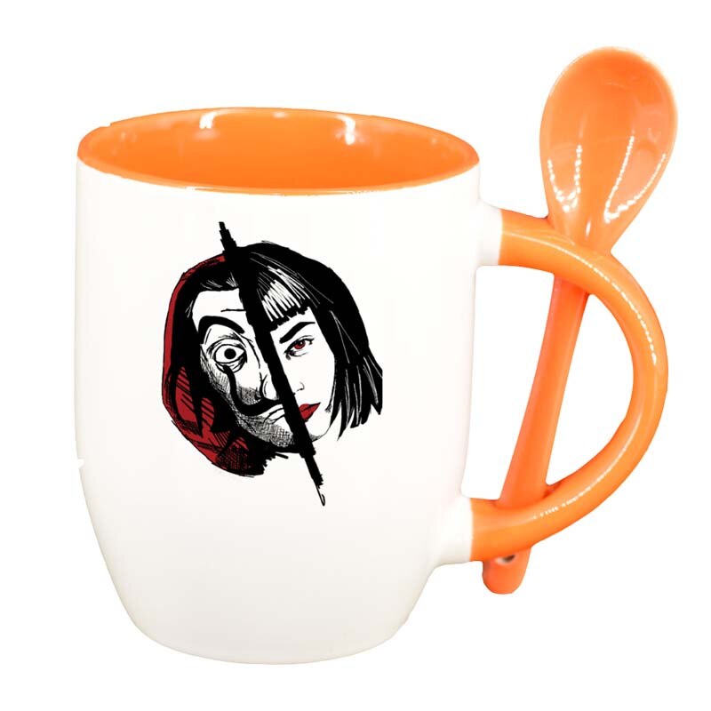 Cana La Casa De Papel cu lingurita, interior portocaliu, 330ml, D1303