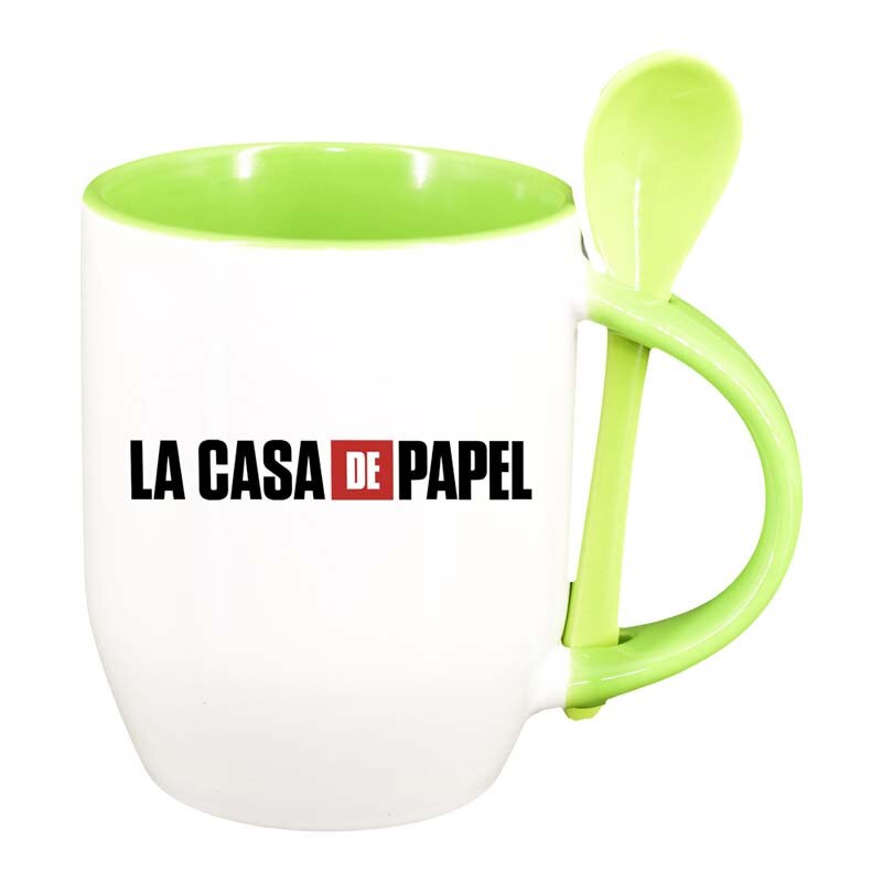 Cana La Casa De Papel cu lingurita, interior verde deschis, 330ml, D1305
