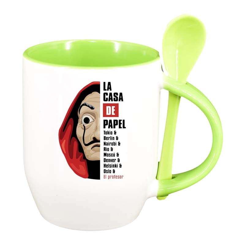 Cana La Casa De Papel cu lingurita, interior verde deschis, 330ml, D1306