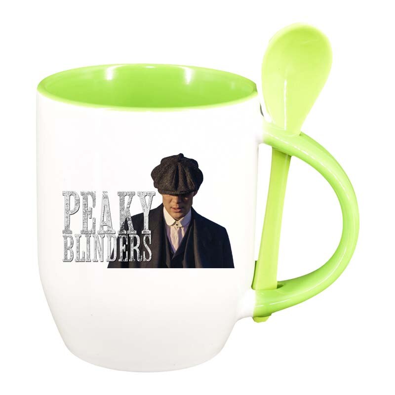 Cana Peaky Blinders cu lingurita, interior verde deschis, 330ml, D1309