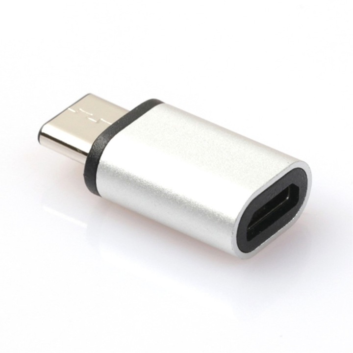 Adaptor Aluminium Micro-USB to Type-C MTP Premium, Silver, Margini Negre