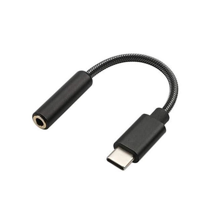 Адаптер за кабел USB тип C към 3,5 mm жак с найлонова оплетка MTP черен