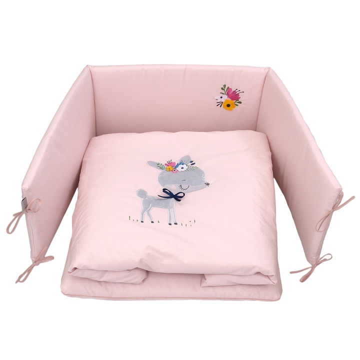 Set lenjerie din bumbac, cu protectie laterala pentru pat bebe, Deery Pink, 120 x 60 cm