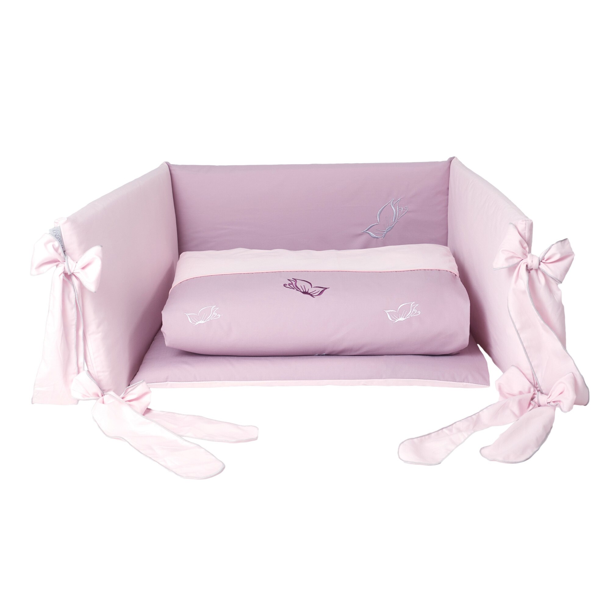 Set lenjerie din bumbac, cu protectie laterala pentru pat bebe, Fluturas Roz, 120 x 60 cm