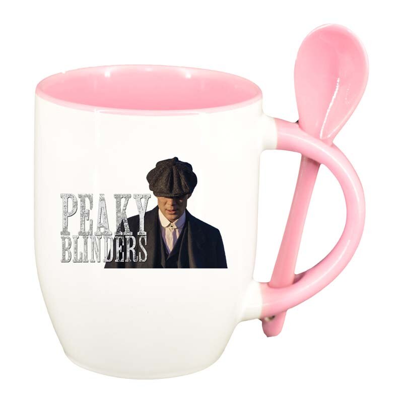 Cana Peaky Blinders cu lingurita, interior roz, 330ml, D1309