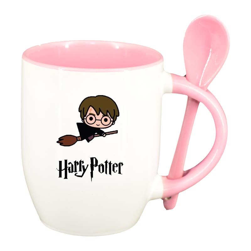 Cana Harry Potter cu lingurita, interior roz, 330ml, D1337