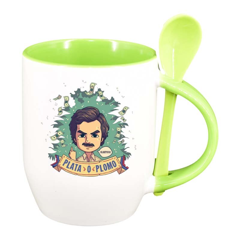 Cana Narcos - Pablo Escobar cu lingurita, interior verde deschis, 330ml, D1345